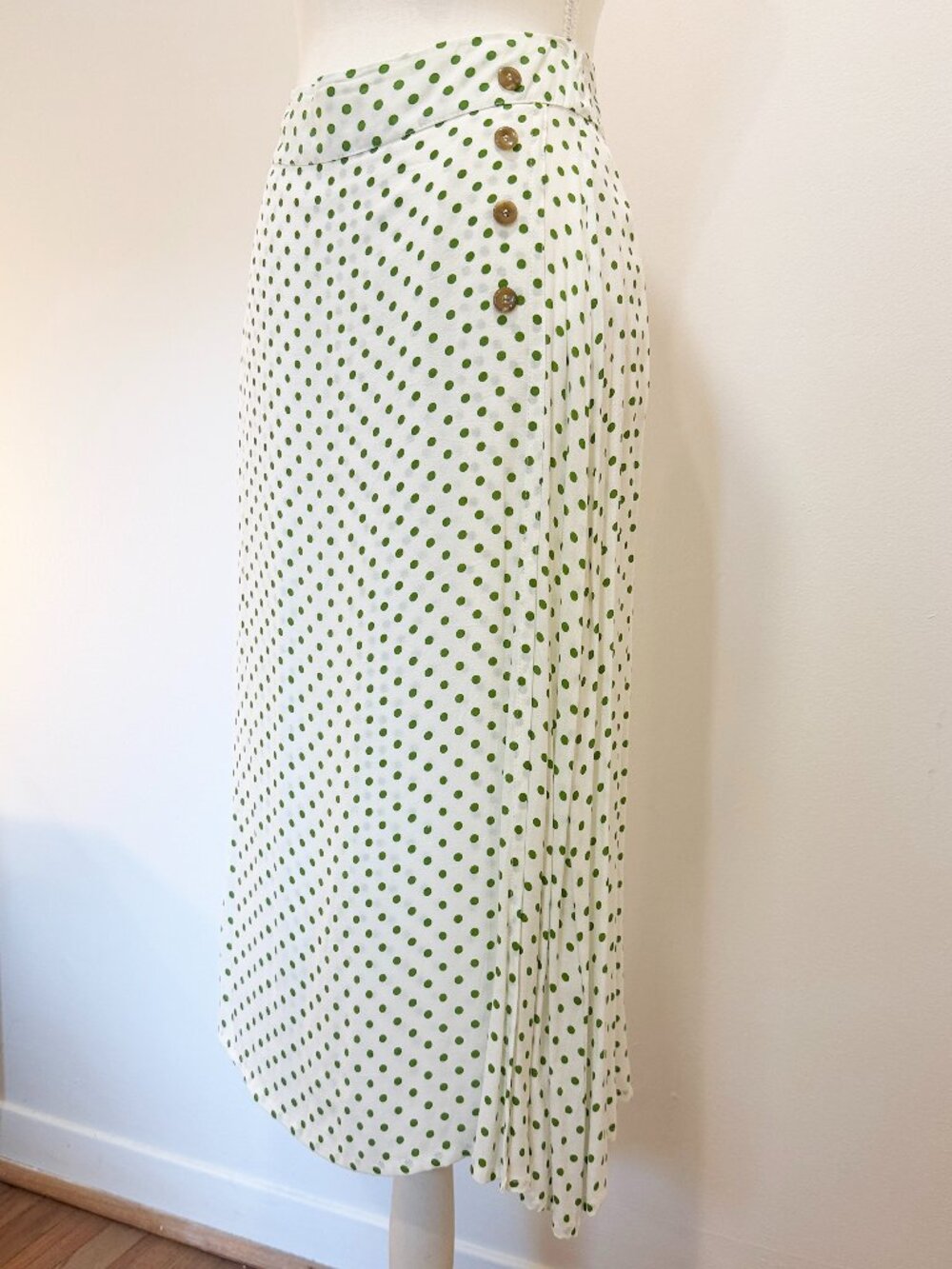 FAITHFULL THE BRAND Green Polka Dot Silky Midi Skirt Size 6 | Feminine & Funky